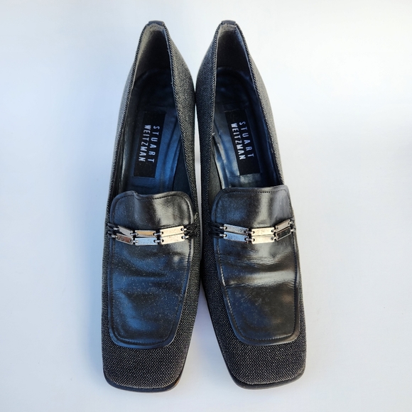 Stuart Weitzman Vintage '90s Tweed & Leather Block Heel Loafers - Picture 2 of 8